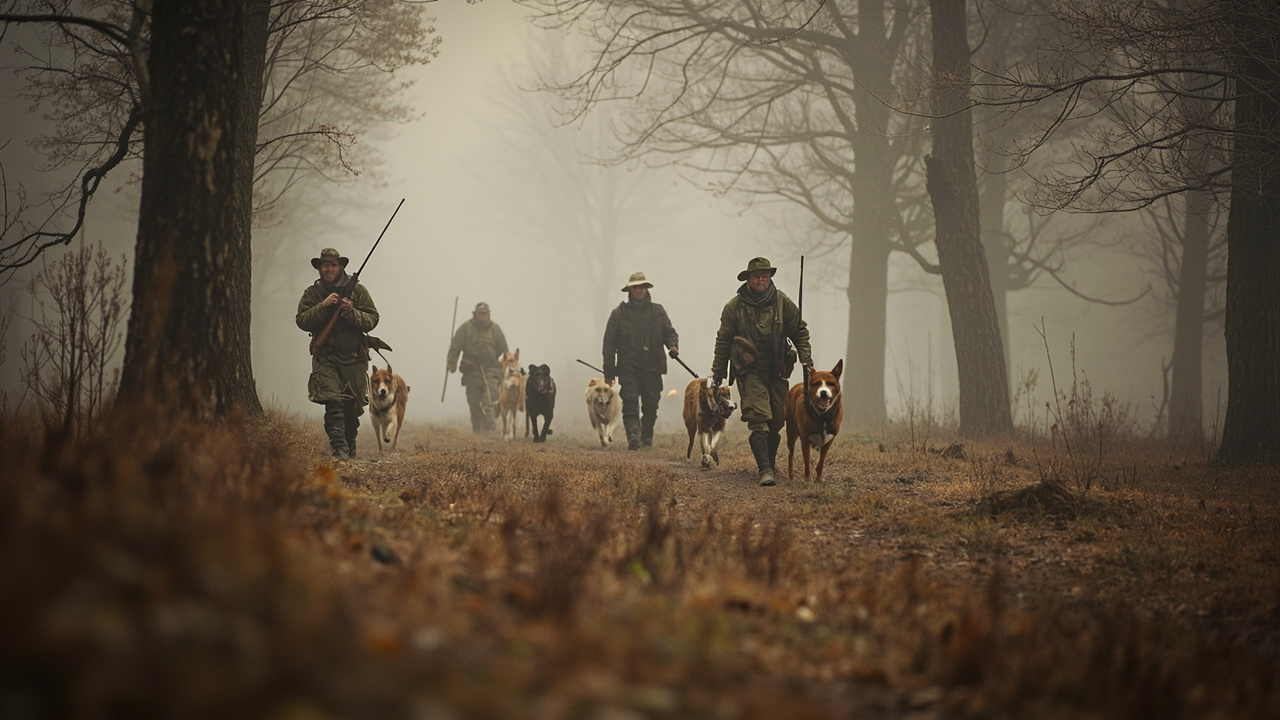Chasseurs en approche à travers les bois du Parc de Baville