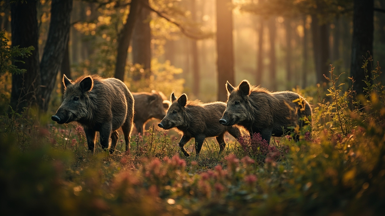 Sanglier dans les sous-bois de bruyères et fougères du domaine