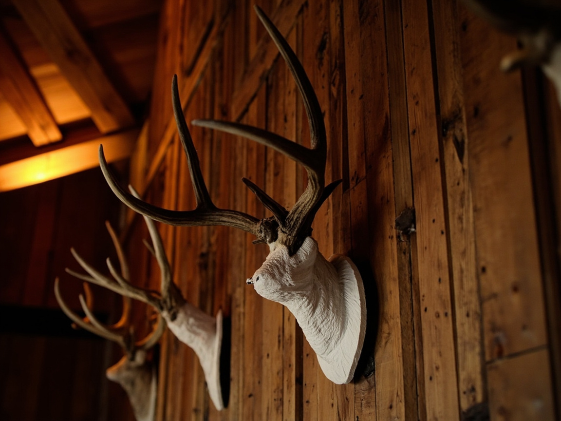Trophées de chasse exposés sur le mur du pavillon La Thébaïde